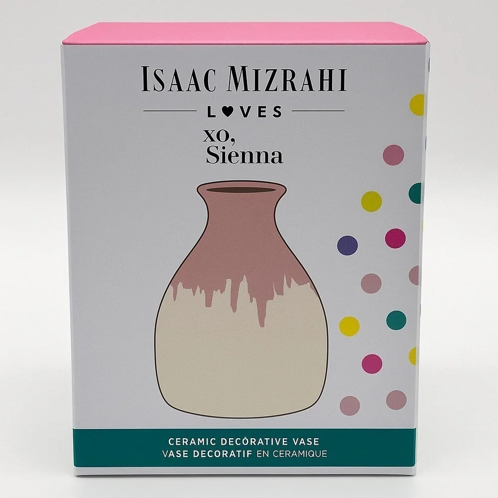 Isaac Mizrahi Loves Xo Sienna Vase Ceramic Pottery Cream Hand Dipped Pink‎ Glaze